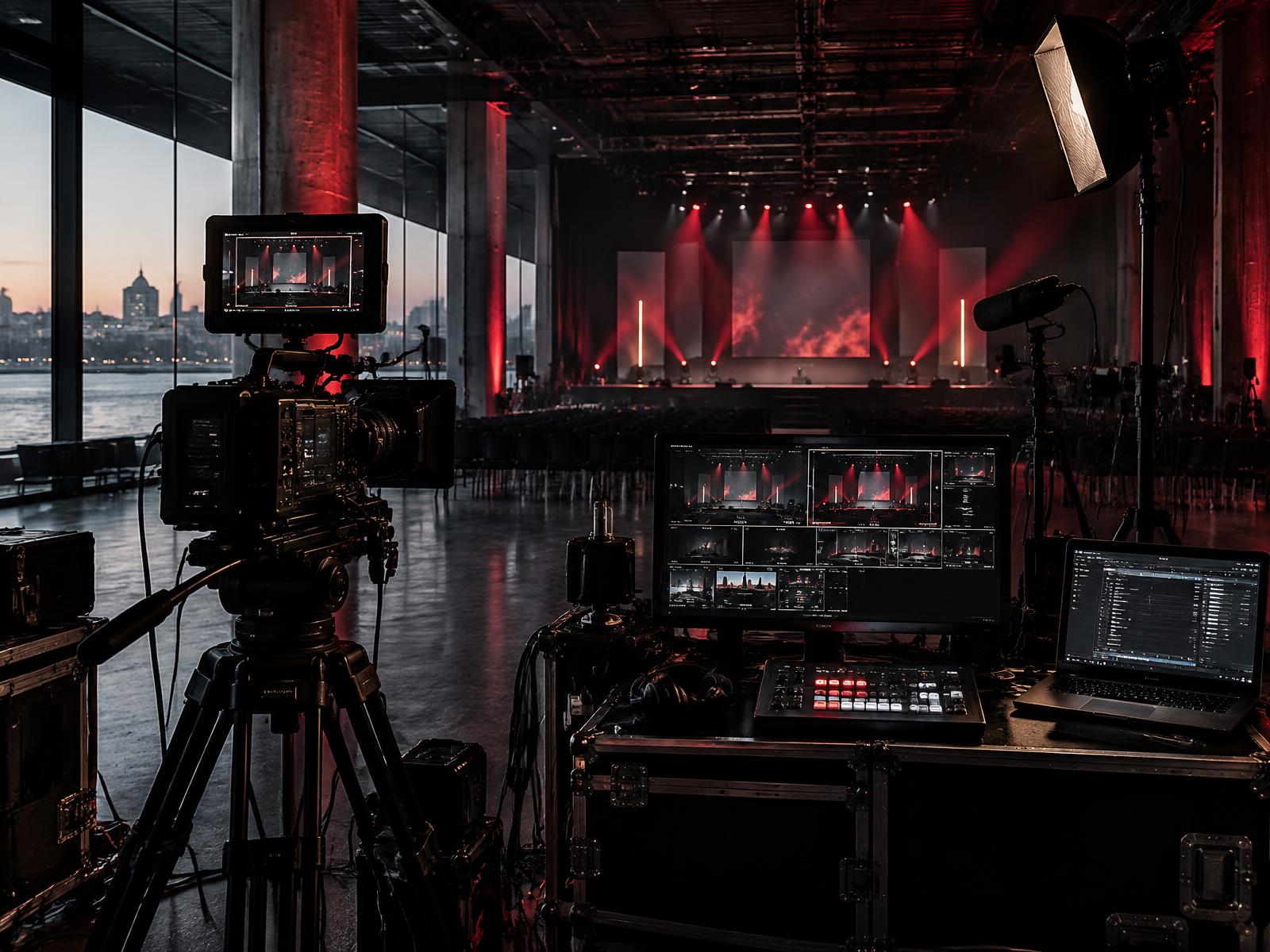 Estrutura profissional de produção audiovisual montada em um evento